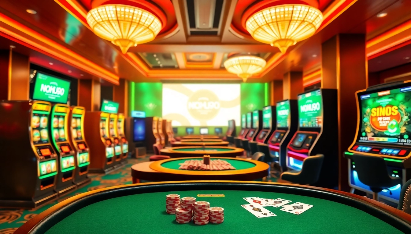 Nohu90 gaming table experience showcasing vibrant slot machines and poker chips in a luxurious casino setting.