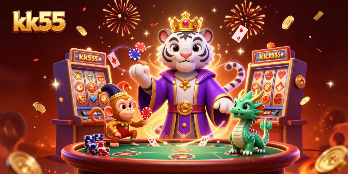 Engage with the vibrant kk55 casino scene featuring a royal tiger, jester monkey, and lively gaming elements.