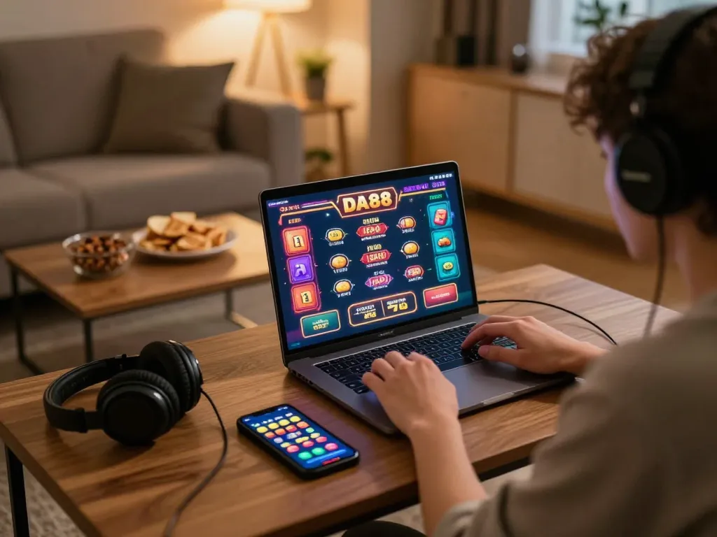Player enjoying DA88 online casino games on laptop, cozy home setup with snacks and warm lighting.