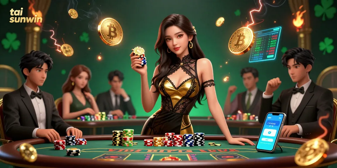 Experience high-stakes gaming action with tai sunwin, featuring a glamorous baccarat scene with vibrant crypto elements.