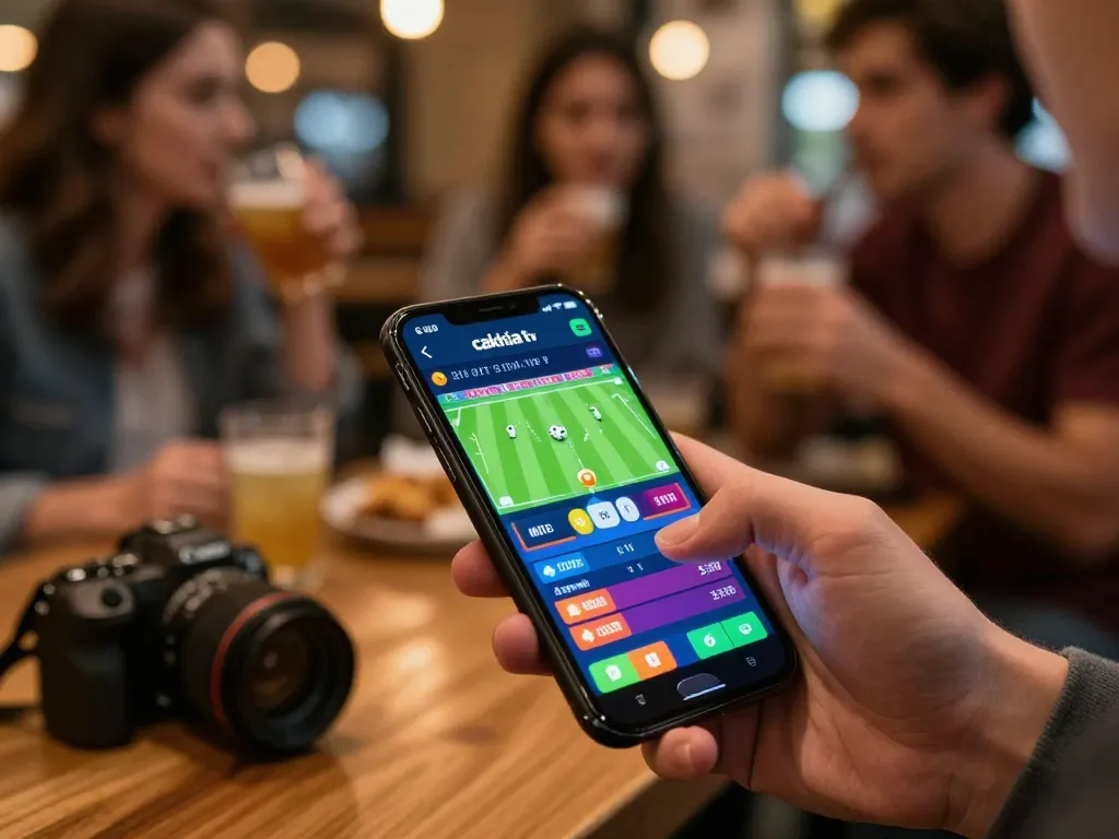 Engaging moment of a bettor using cakhia tv on a smartphone to place live soccer bets, showcasing the vibrant app interface.
