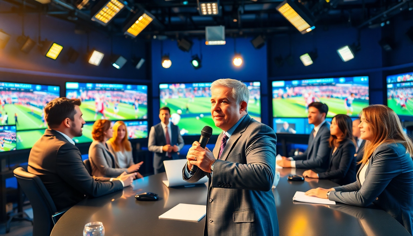 Dynamic sports broadcasting scene showcasing broadcasters discussing highlights and trends.