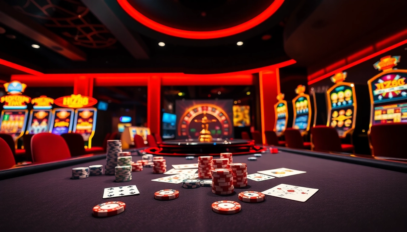Experience the thrill of online gambling with HZ88 at a vibrant casino table featuring cards and chips.