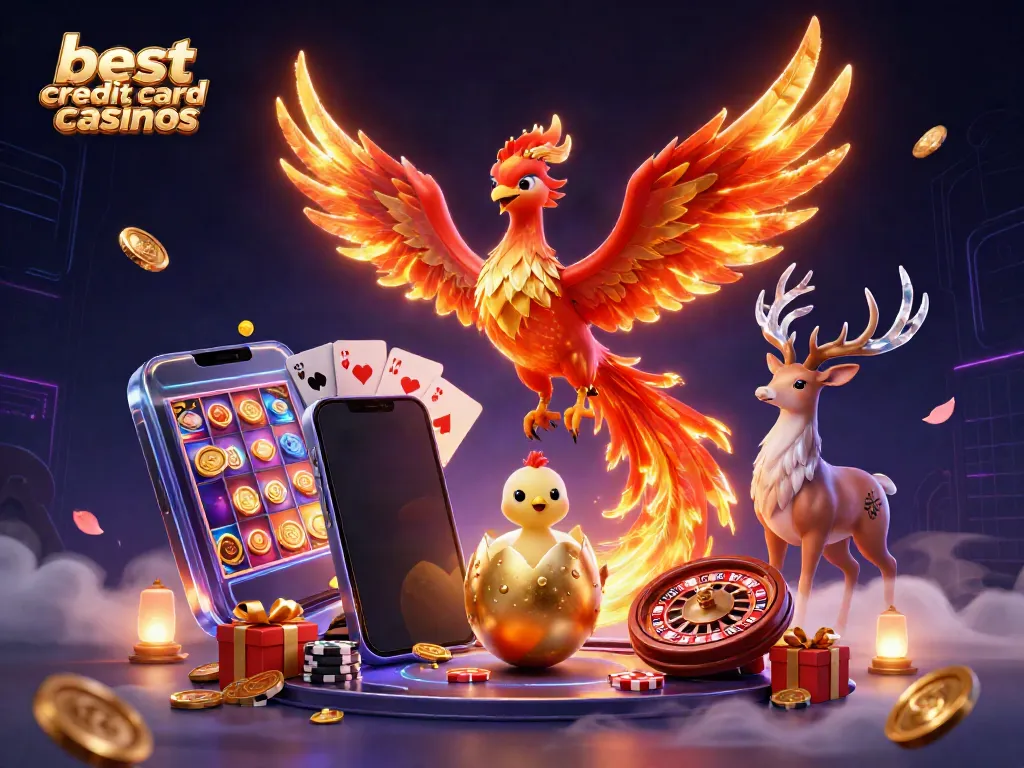 Engage with the best credit card casinos featuring an epic phoenix scene with vibrant gambling elements.