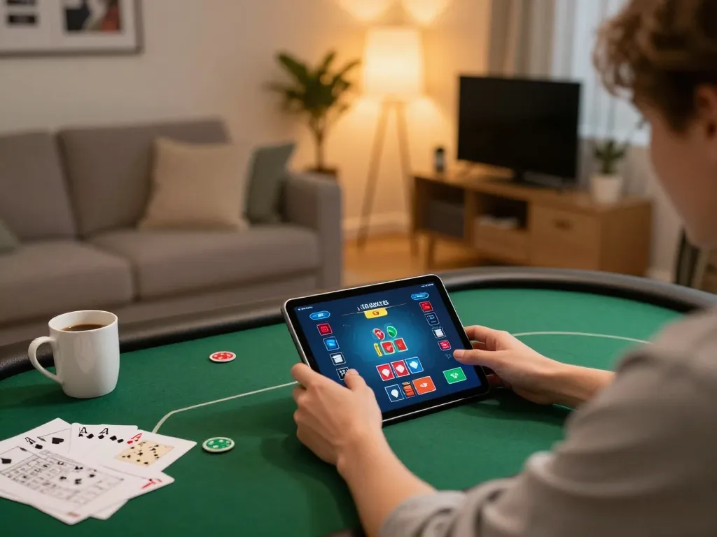 Player engaging with o8casino poker app on tablet in a cozy home setting