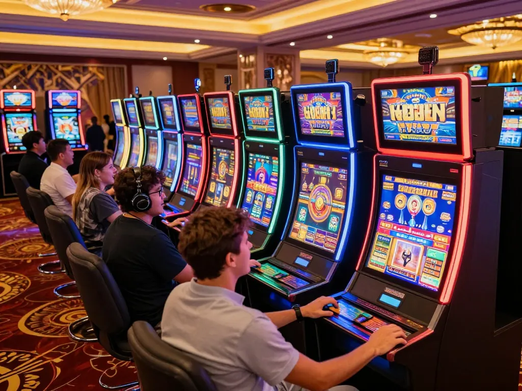 Players enjoying vibrant slot machines at lu88 casino, immersed in the thrilling atmosphere.