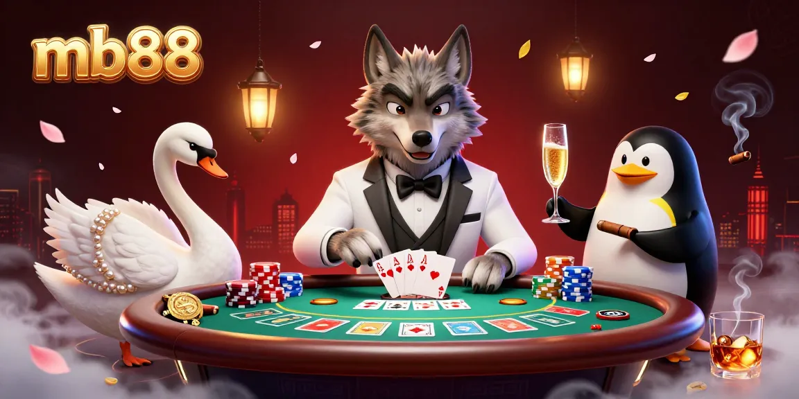 Experience the vibrant mb88 casino scene with a debonair wolf, elegant swan, and sophisticated penguin highlighting exciting gaming action.