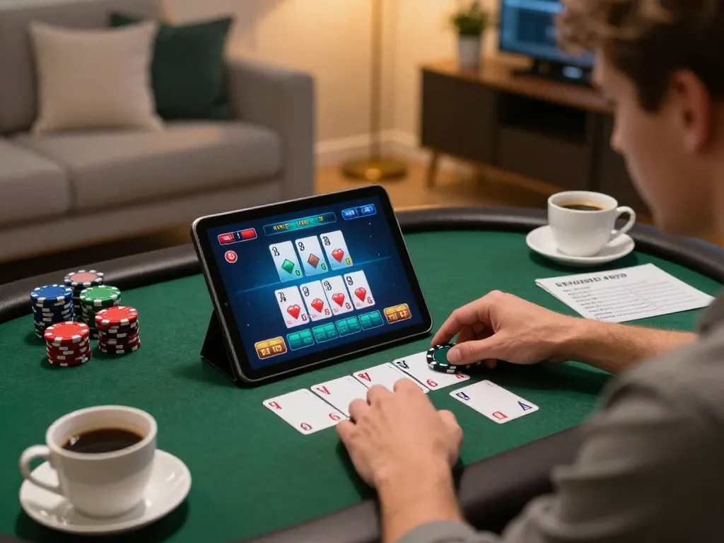 Engaging in online poker gameplay on the trang chủ cf68 platform with strategic betting notes in view.
