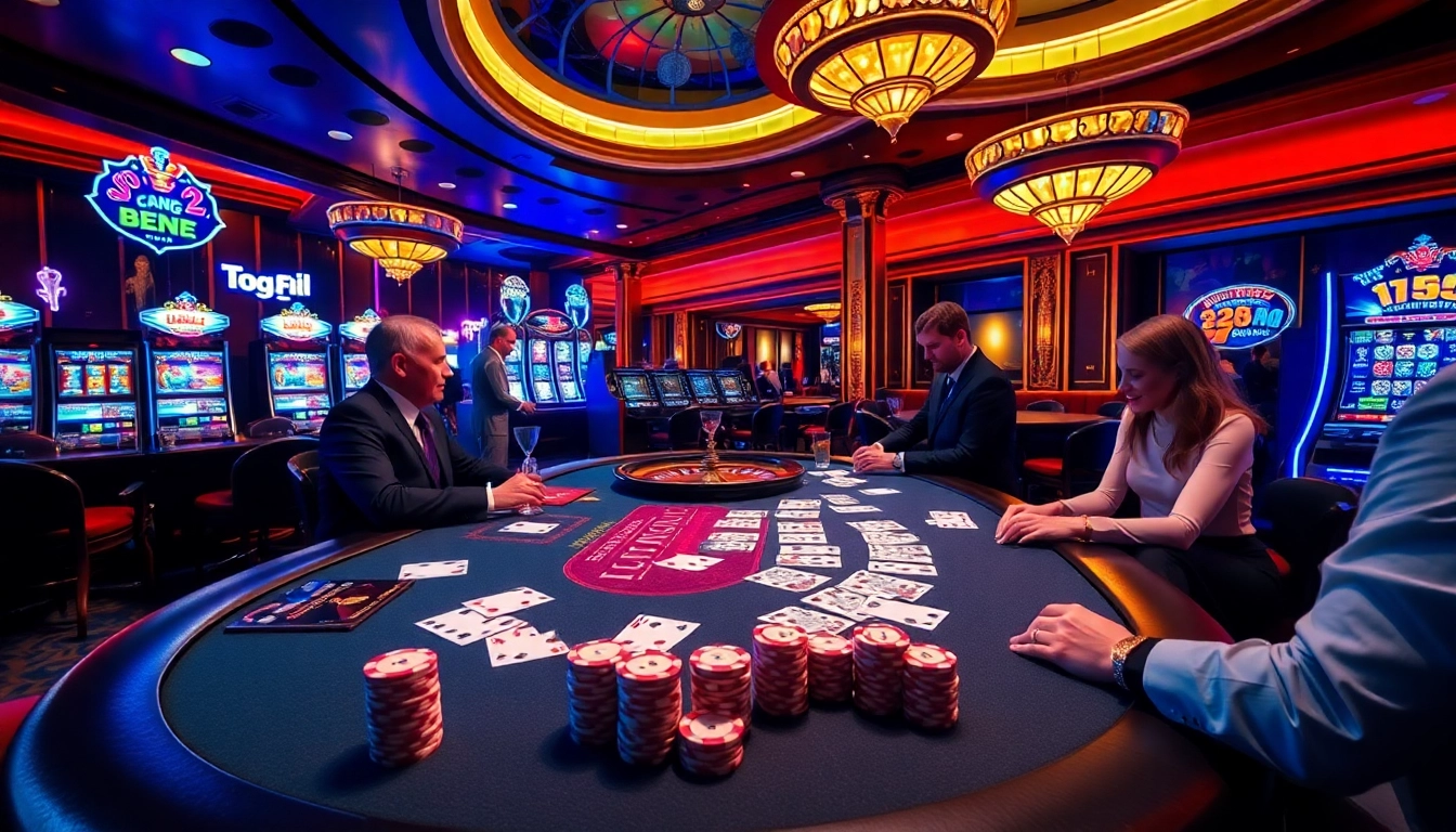 Players engaged in an exciting poker game at https://tg88a.me/, featuring vibrant casino elements and luxurious decor.