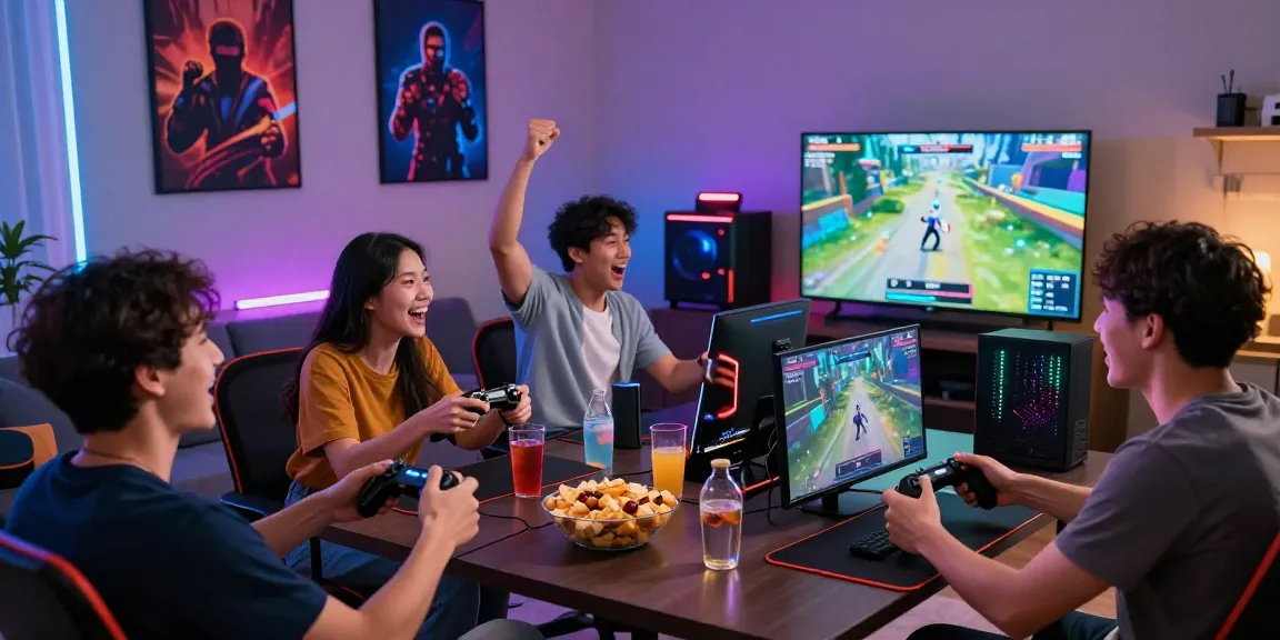 Friends enjoying an intense gaming session with au88 in a vibrant living room.