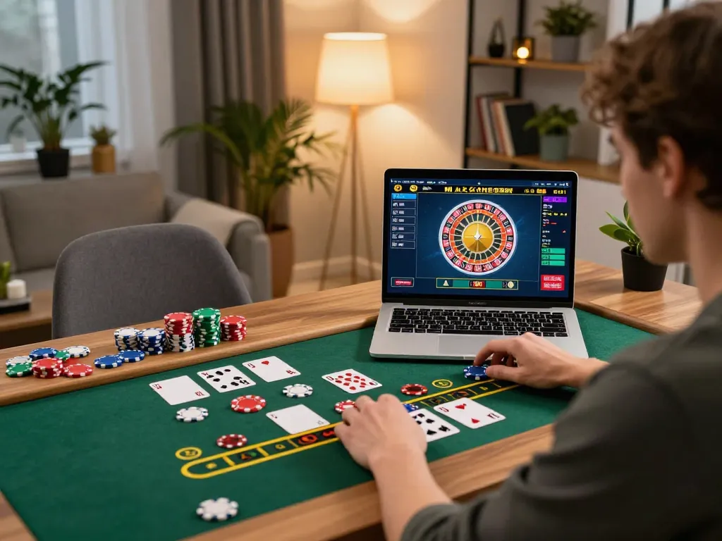 Nyonya9 player engaging in live dealer roulette game on a laptop in a stylish home setup