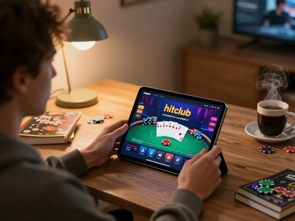 Engaged player exploring hitclub's online casino app on a tablet during a cozy home gaming session.
