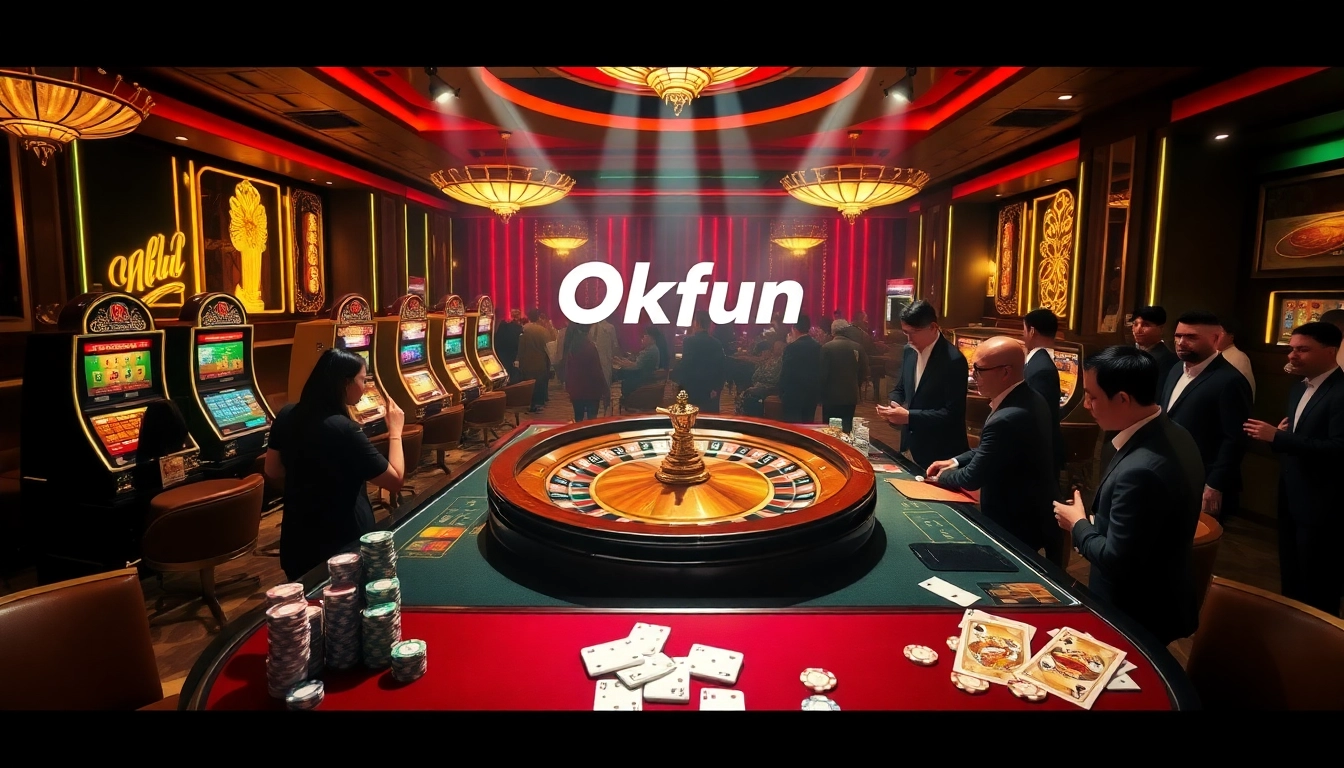 Exciting casino scene showcasing Okfun with players at a roulette table and vibrant slot machines.
