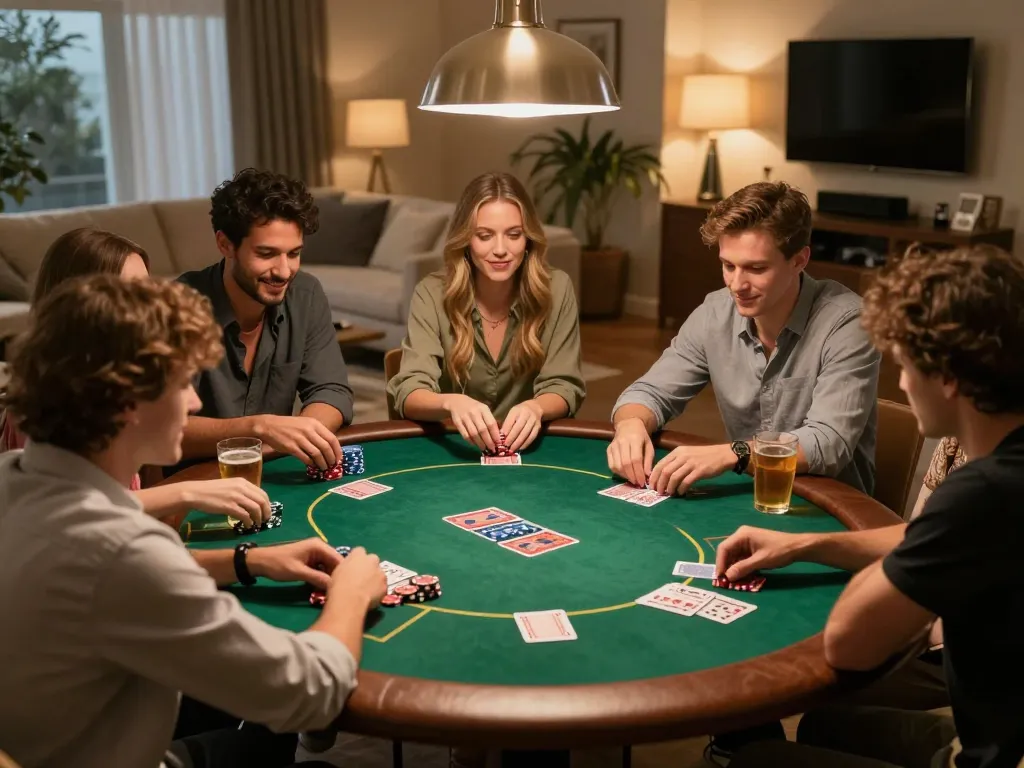 f168 poker night at home with friends around a round table enjoying Texas Hold'em