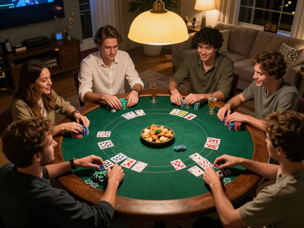 Players engaged in a poker game night at home, showcasing the excitement of gaming at XX88.