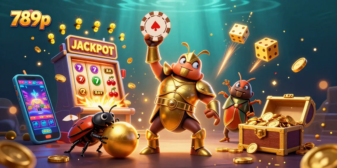 Experience the thrill of 789p with a jackpot celebration scene featuring a heroic beetle and slot machines.