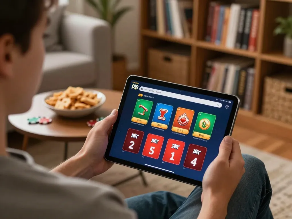 Engaging with AW8 online casino gaming on a tablet, showcasing poker options in a cozy home setting.