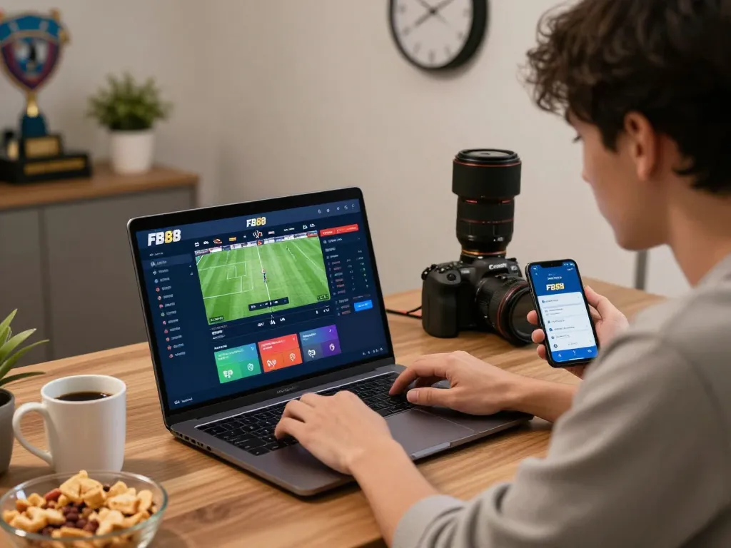 Engaged user on FB88 platform in modern home office for online betting excitement