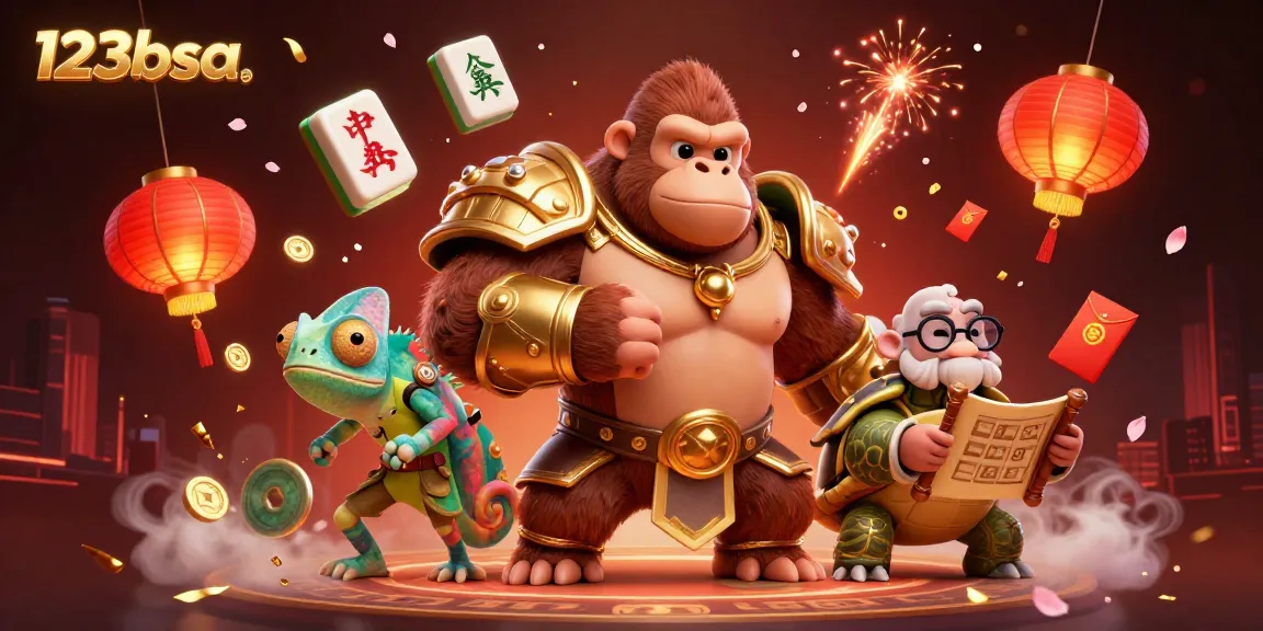 Engage in thrilling gambling adventures with the 123bsa brand, featuring a majestic gorilla and colorful characters in this vibrant 3D illustration.