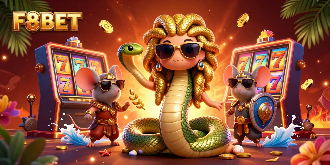 Engage with the vibrant world of F8BET featuring a friendly Medusa and warrior mouse in an exciting casino setting.