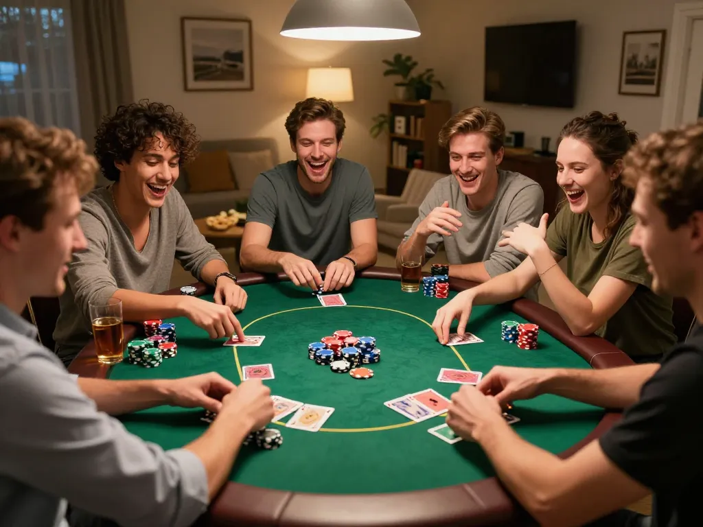 Friends enjoying a poker game at home with lc88app, lively atmosphere and snacks visible.