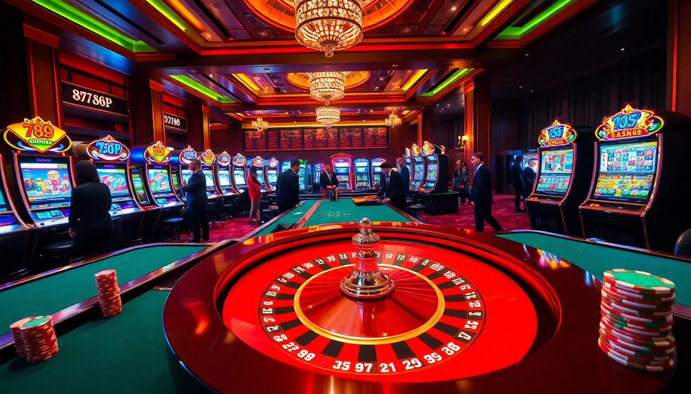 Engage in thrilling online gambling at https://789pa.in.net/ with a vibrant casino atmosphere featuring tables and slot machines.