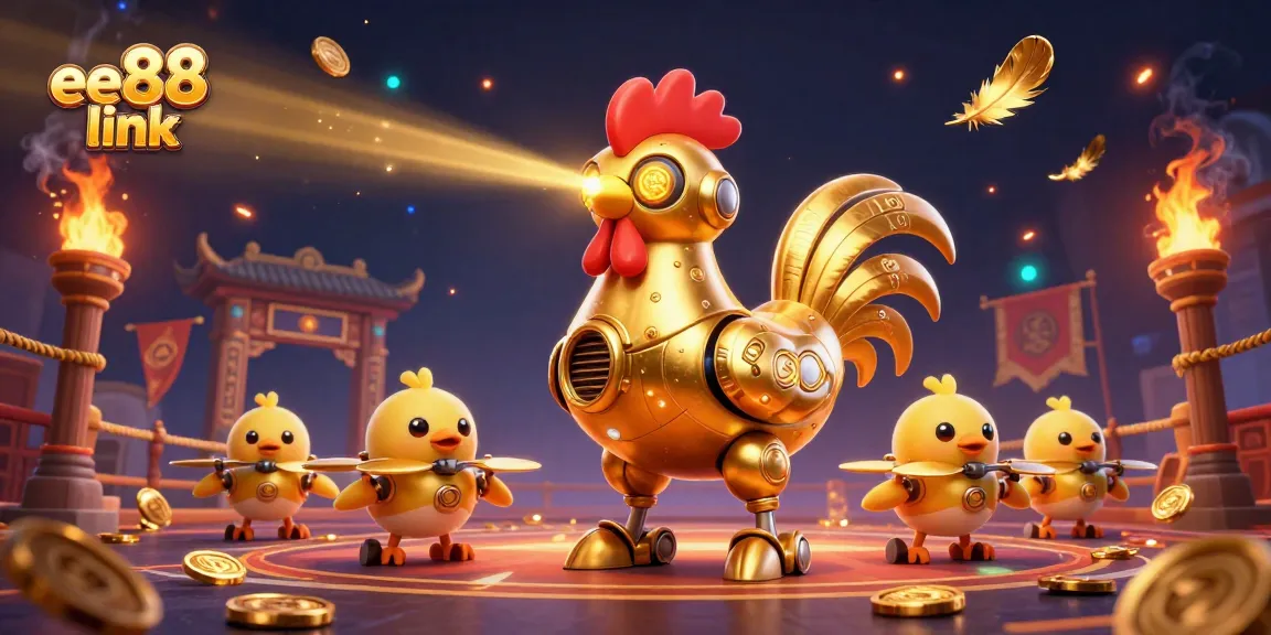 Experience ee88 link with golden rooster robot and casino elements in an action-packed 3D illustration.