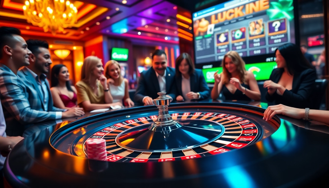 Luck8 casino scene with roulette table, poker chips, and excited players engaging in thrilling gameplay.