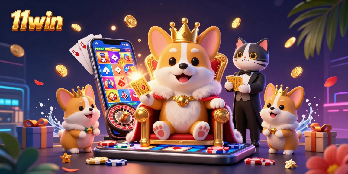11win engages players with a royal corgi crowned amidst poker chips and gaming elements.