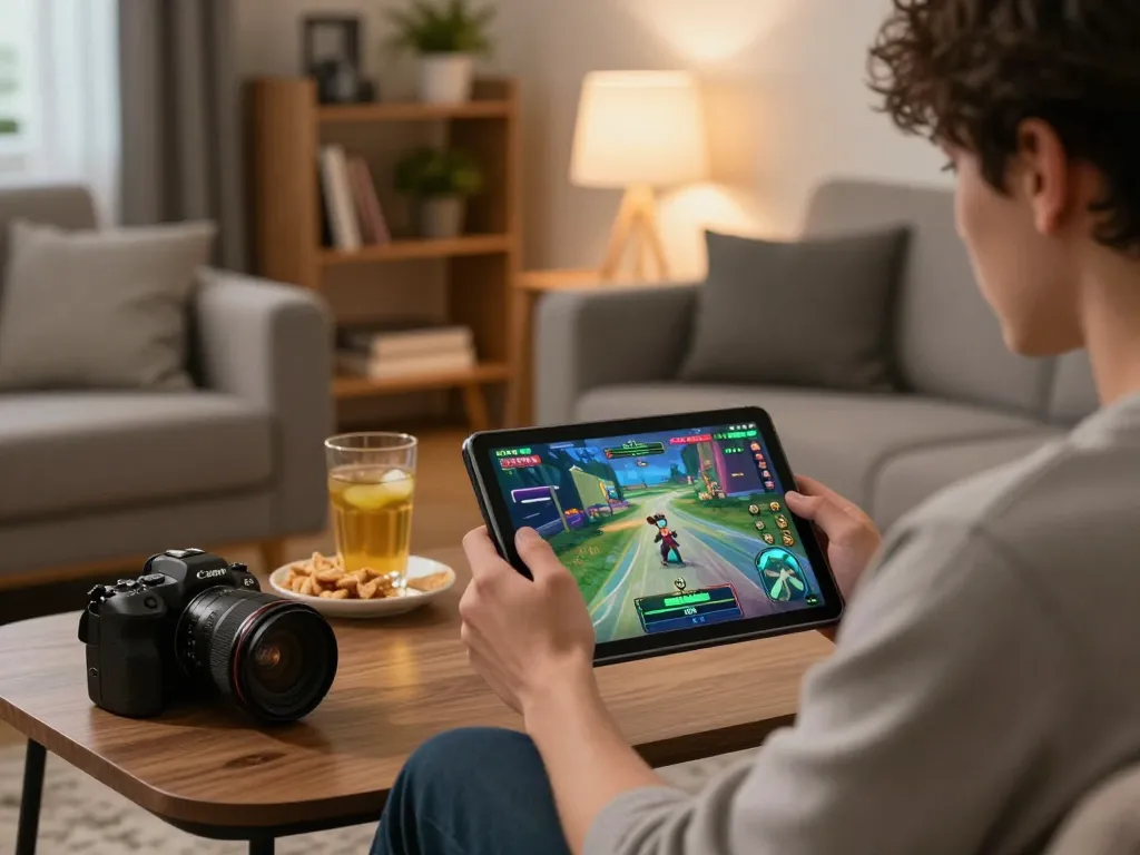 Engaging user playing DW8 on tablet, showcasing vibrant game graphics in cozy home setting.