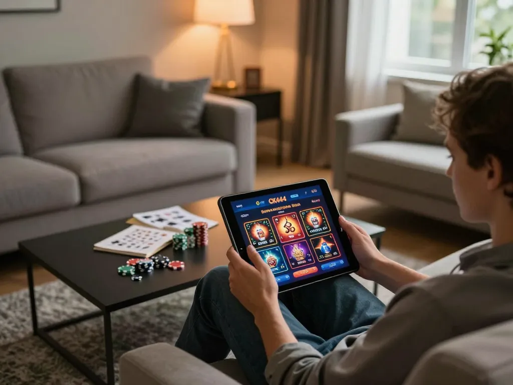 Player enjoying CK444 online casino gaming on a tablet in a cozy home setting, surrounded by strategy notes.