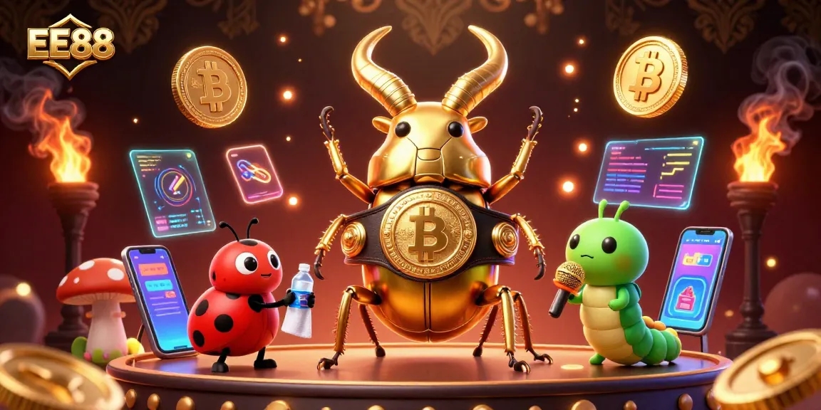 Experience the thrilling EE88 gaming universe with a vibrant illustration of a boxing beetle champion.