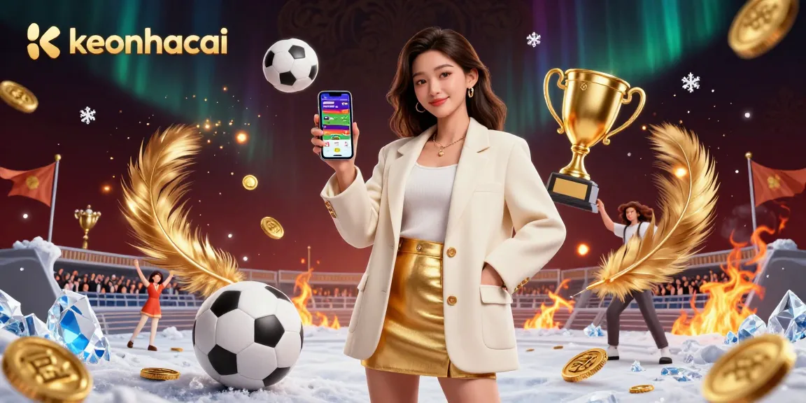 Engage with keonhacai for sports betting insights featuring a friendly Asian woman with a smartphone.