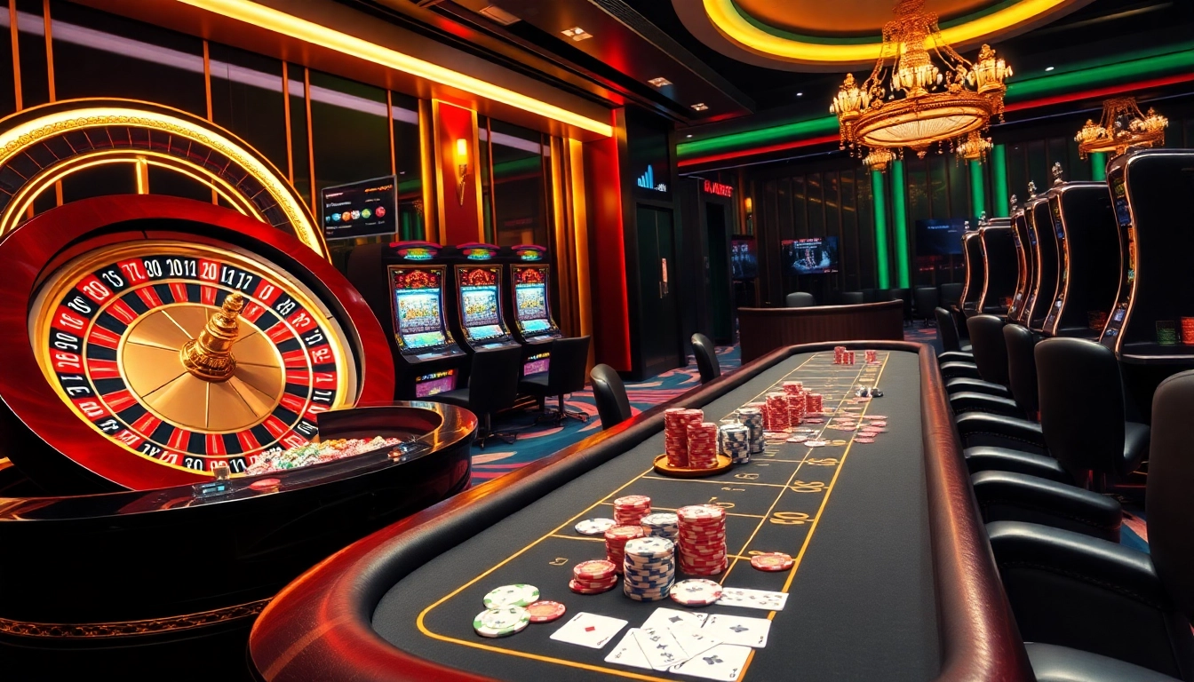 Engaging JBO gaming scene with roulette, slot machines, and poker tables.