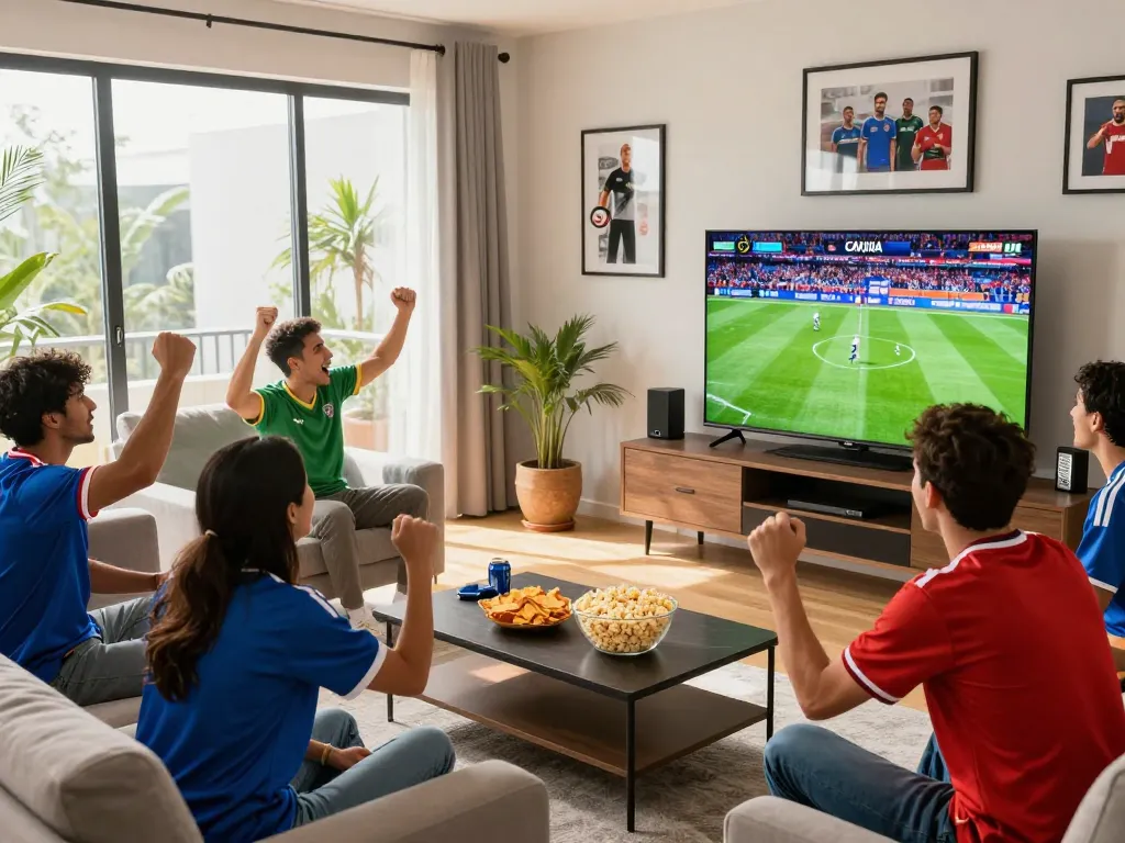 Cakhia fans enjoying a thrilling football match in a lively living room setting with snacks and jerseys.