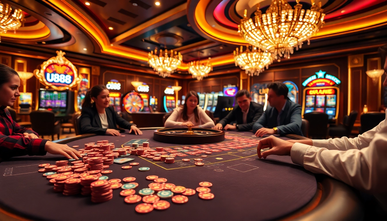 U888 players engaged in an exciting casino game with vibrant chips and cards.