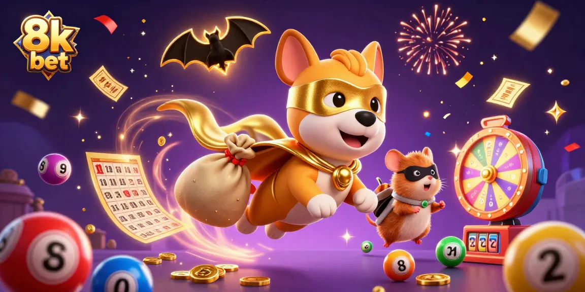 Experience thrilling wins at 8k bet with a cartoon dog flying through rich casino elements.