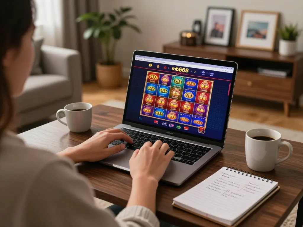 Engaging in online gambling at mb668 through a laptop in a cozy home setting, showcasing strategy notes and casino graphics.