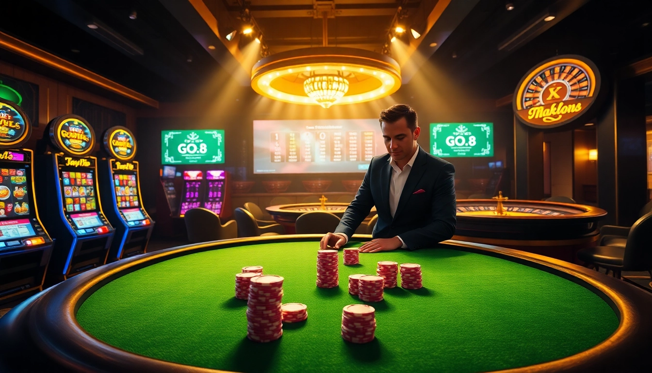 Experience the thrill of betting at Go8's luxurious casino table with high-value poker chips and vibrant slot machines.