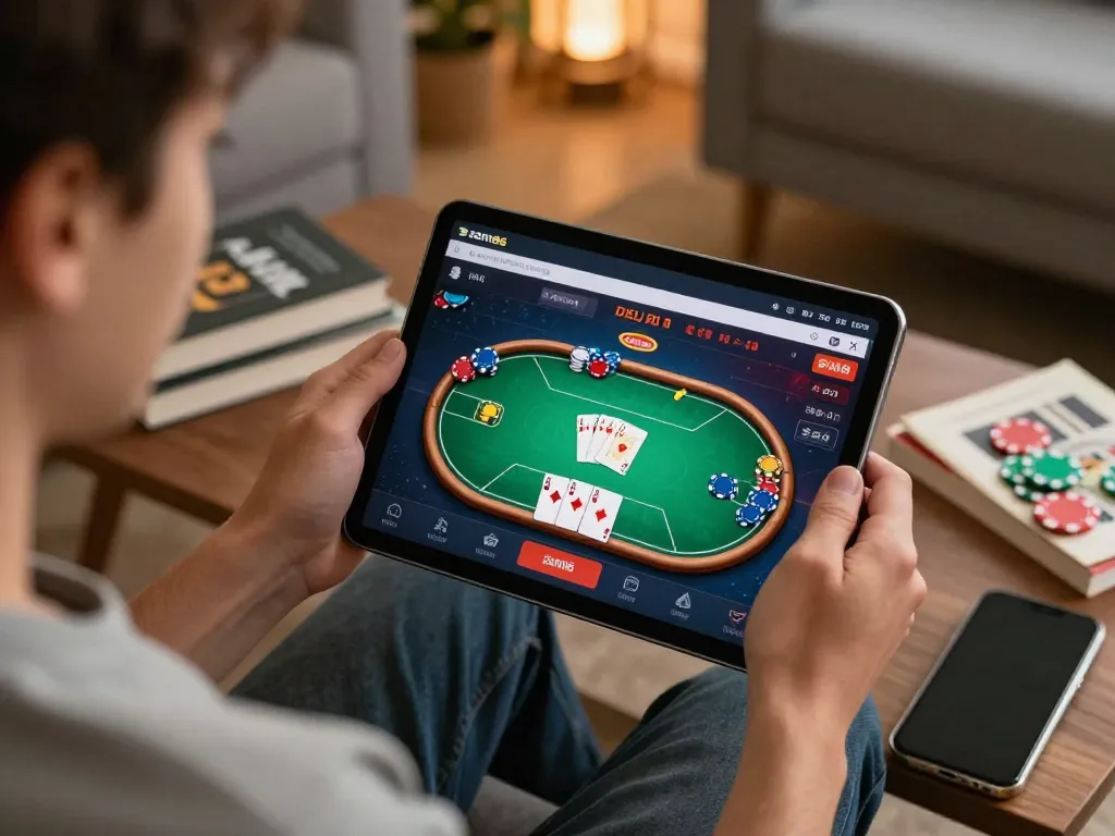 Player engaging with the sam86 poker app on tablet in cozy home setting.