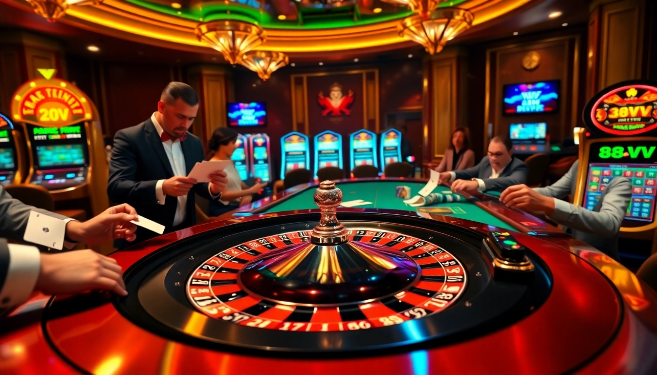An engaging casino scene highlighting players at a roulette table with excitement at 88VV.