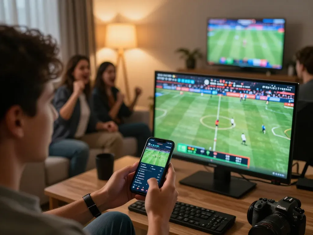 Engaging in debet mobile sports betting with live game display and enthusiastic friends