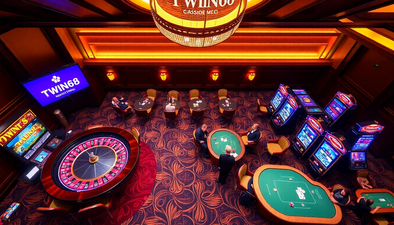 TWIN68 casino scene with vibrant tables, rich atmosphere, and excited players engaged in games.