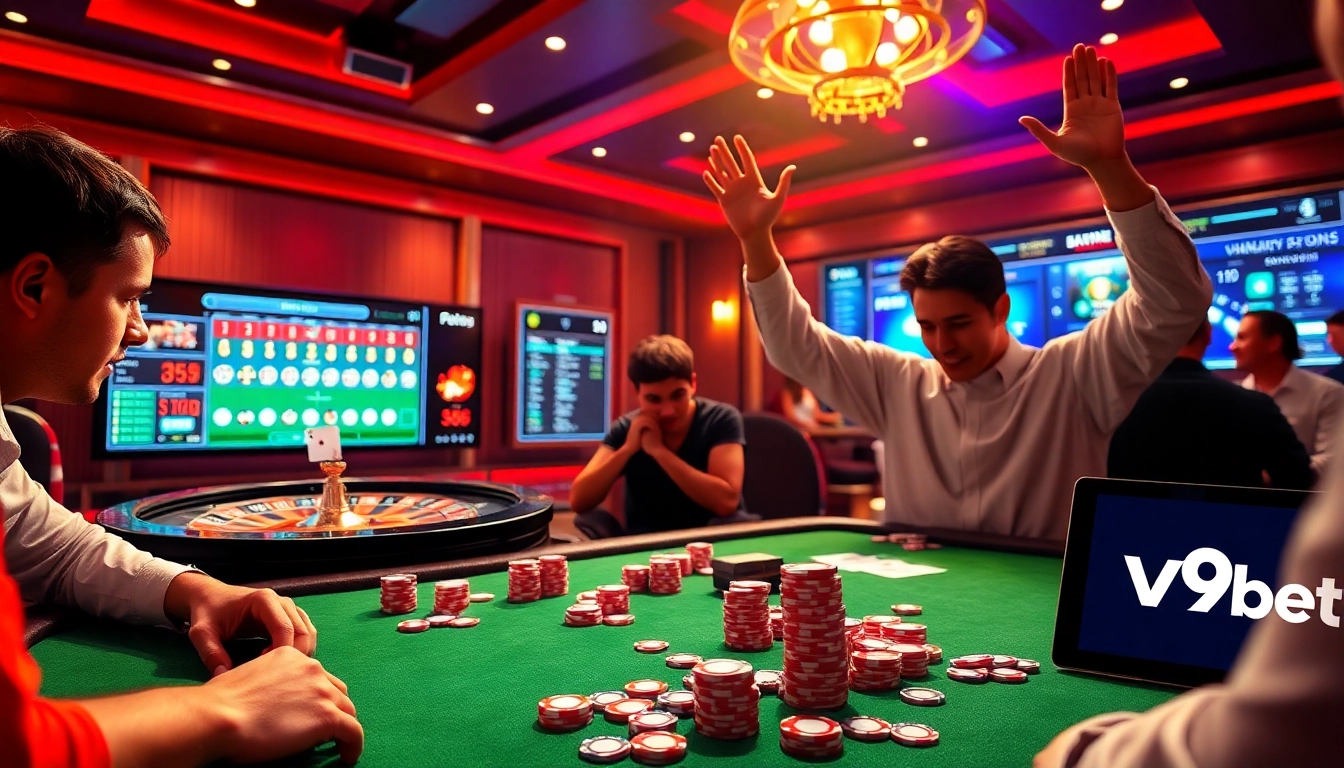 Exciting poker game action at Nhà cái V9bet showcasing luxury and thrills for gamblers.