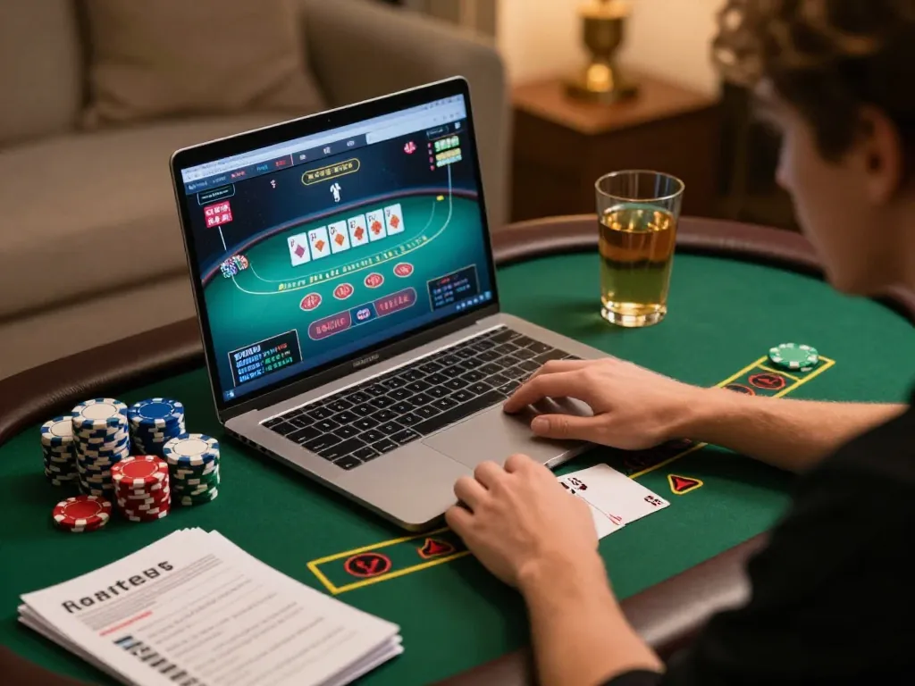 8day player engaging in an online blackjack game with strategy notes and poker chips on the table.