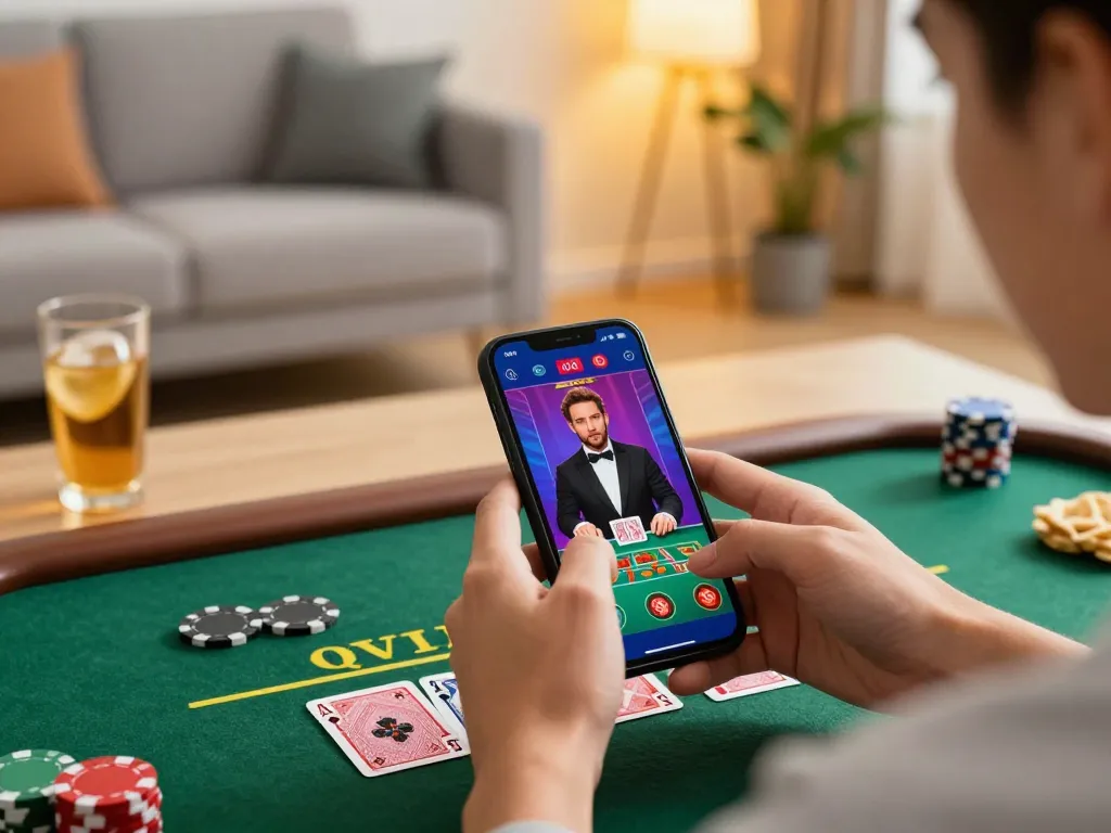 vu88a player engaging with live dealer blackjack on smartphone, highlighting online gaming excitement.