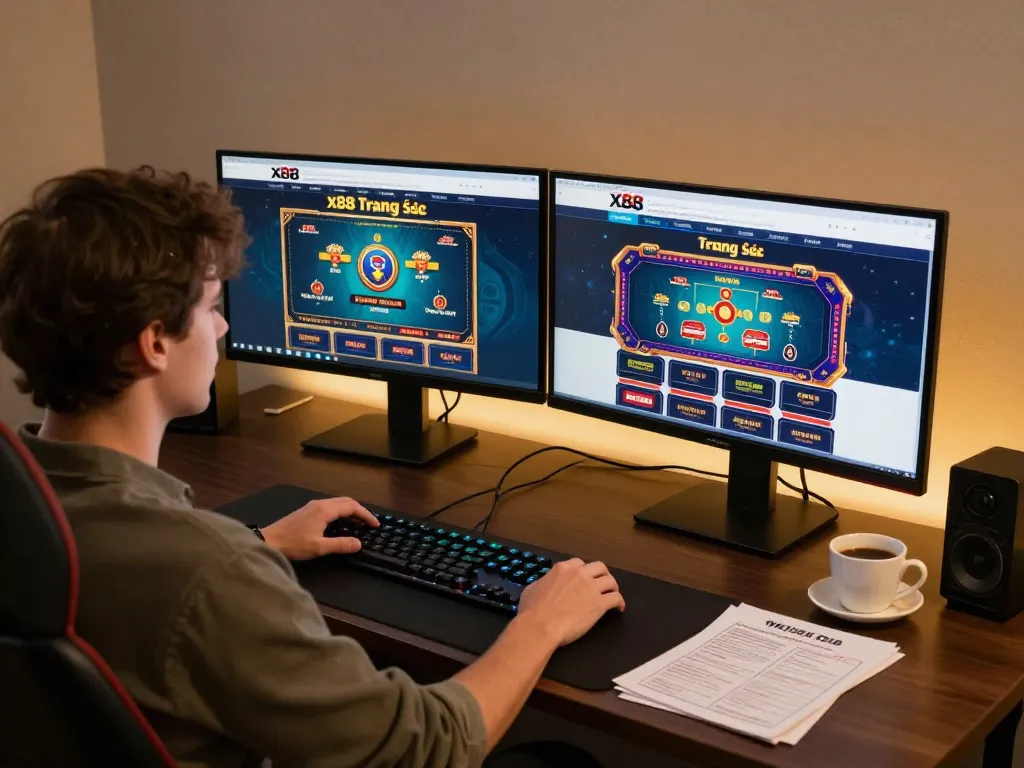 X88 trang chủ displayed on dual monitors during an engaging online gaming session at home.