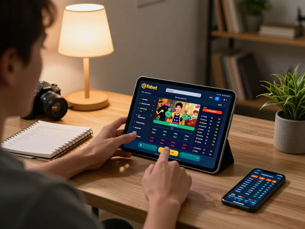 Engaging with Fabet's casino app on tablet in a cozy home gaming setup for strategic bets.