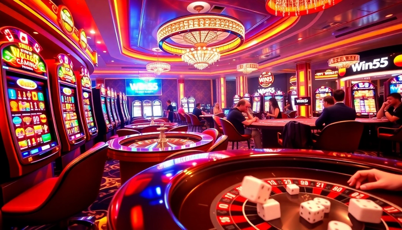 Win55 casino scene featuring exciting slot machines, a roulette wheel, and active poker tables.