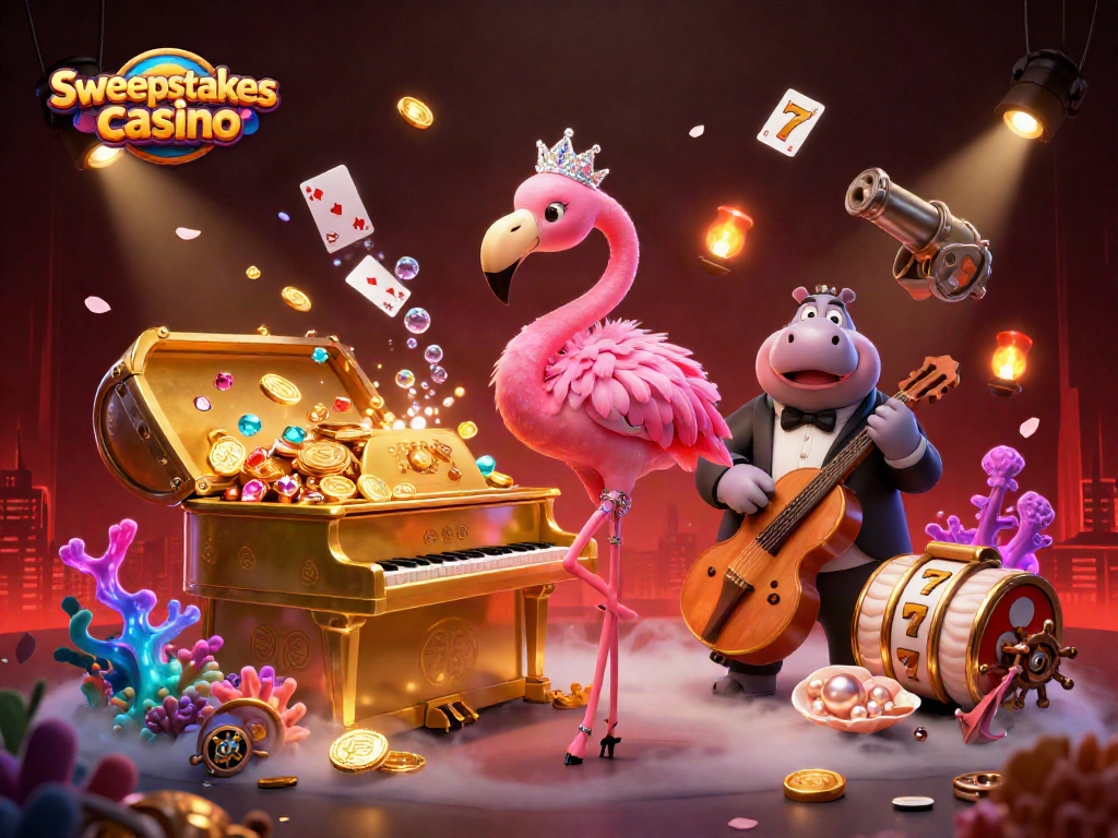 Experience the excitement of sweepstakes casino with a vibrant, dynamic 3D illustration featuring colorful game elements.